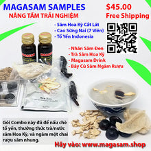 Load image into Gallery viewer, SAMPLE COMBO: NÂNG TẦM TRẢI NGHIỆM: Gồm có Tổ Yến, Lộc Giác Giao, và các sản phẩm Trà, Nhân Sâm Đen, Nước Magasam Hoa Kỳ